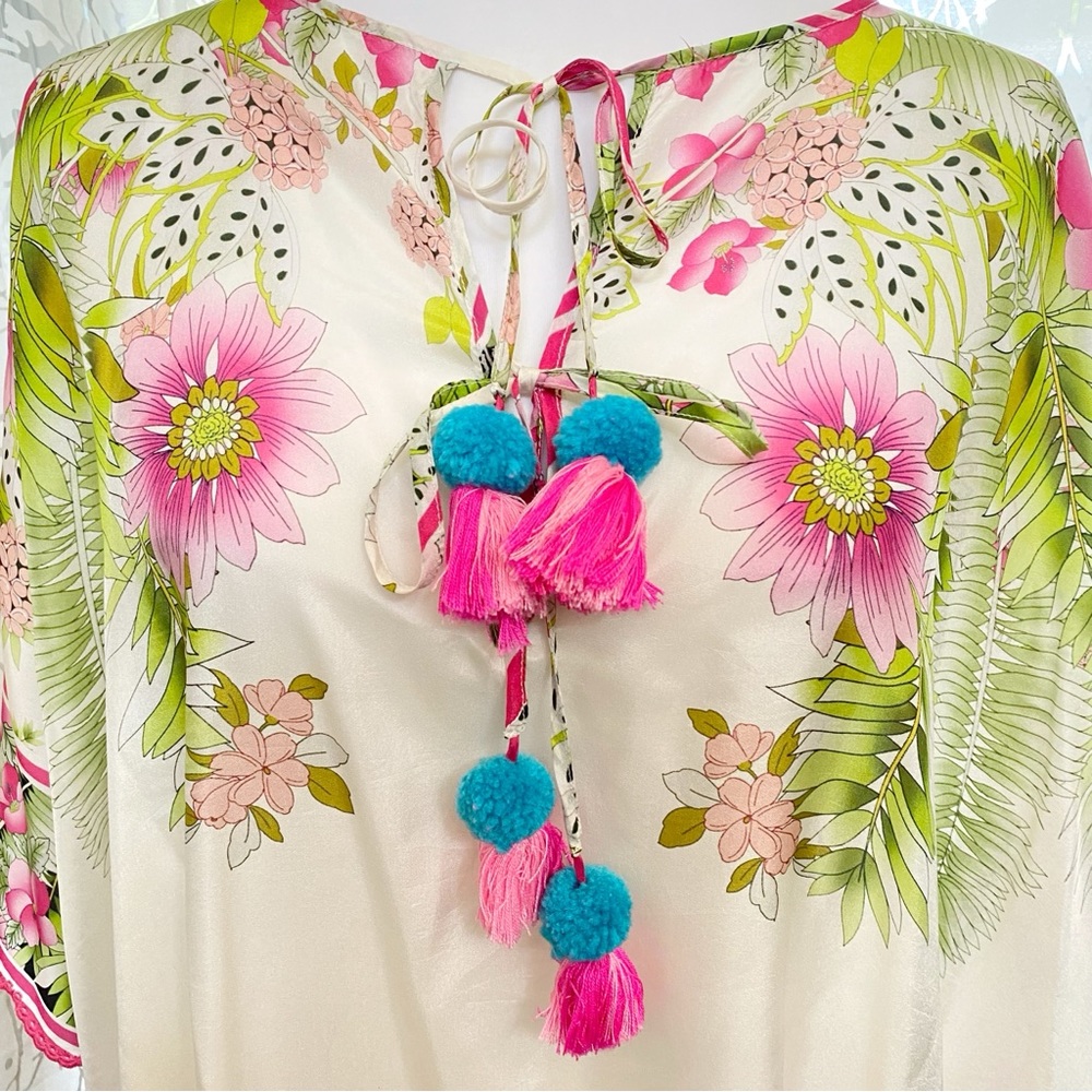 JOHNNY WAS white pink green floral print GALORE TASSEL TIE SILK PONCHO top - Picture 4 of 13